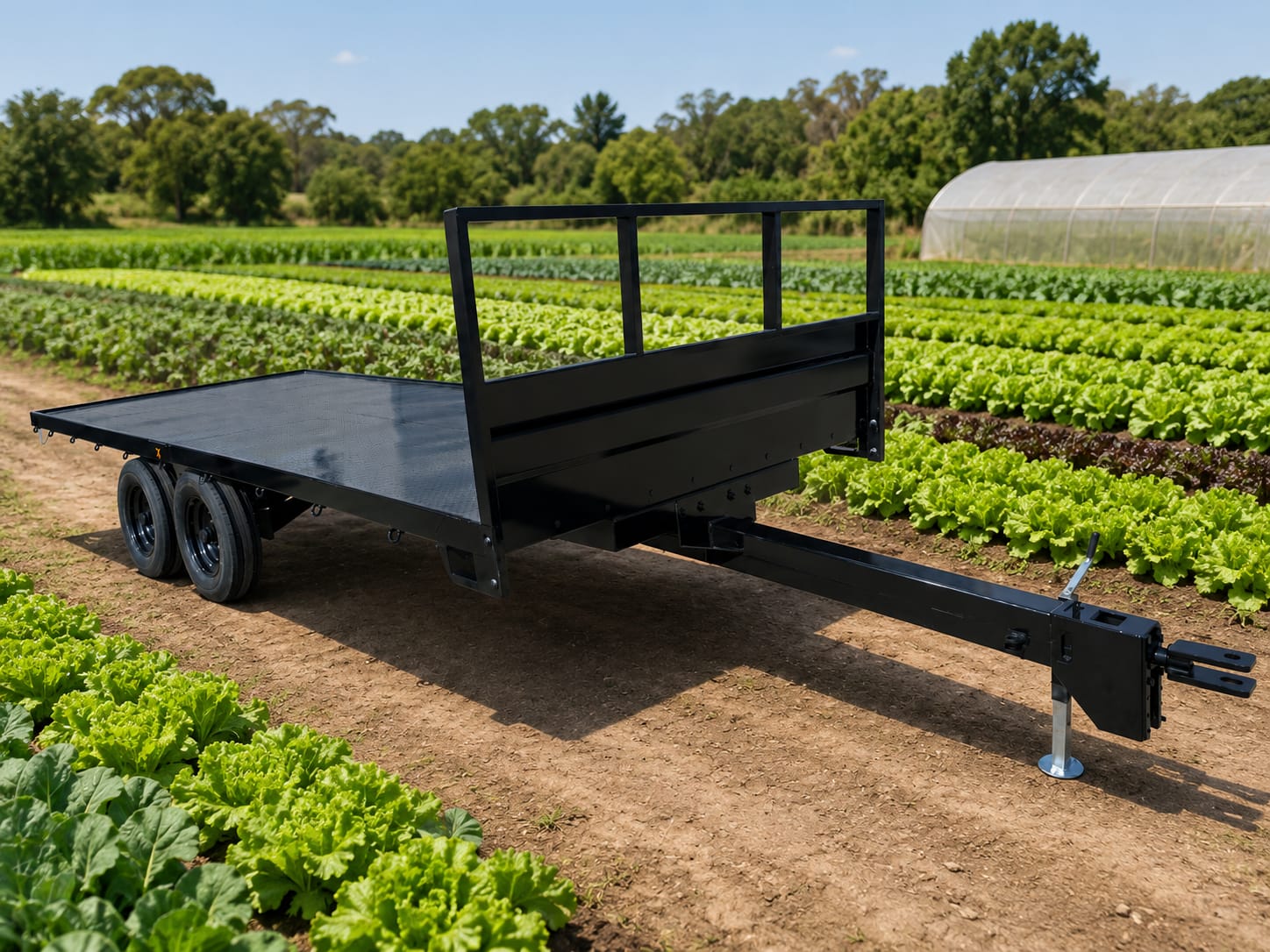 Carretão agrícola preto em plantação de hortaliças, ideal para uso rural