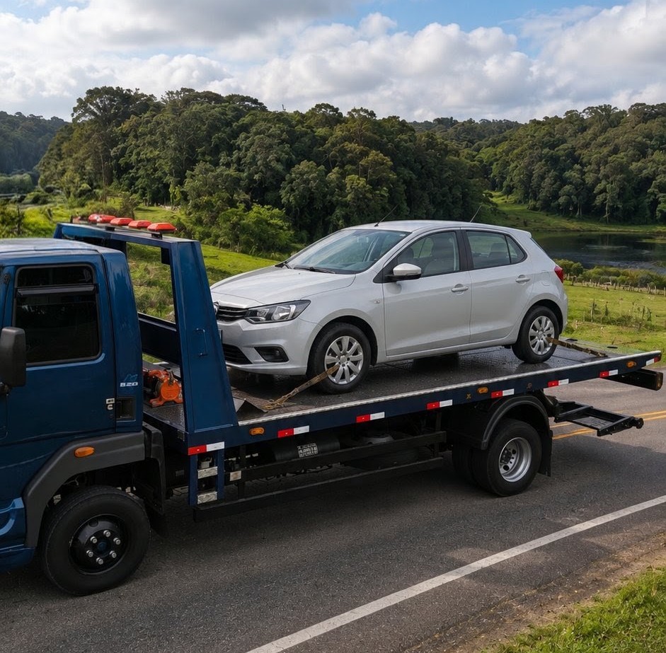 Plataforma auto socorro azul transportando veículo prateado em estrada
